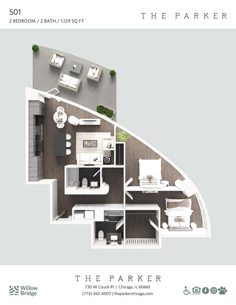 Floor plan for 2 beds, 2 baths, 1112 sqft